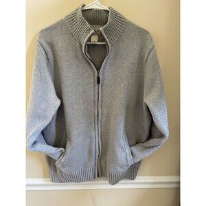 LL Bean Men’s Grey Zipper Cardigan 2 Pockets High Ribbed Neckline Size Large